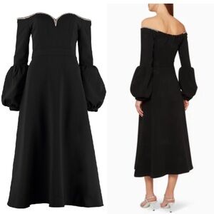 Self Portrait Black Crepe Puff Sleeve Cold Shoulder Dress Size 8